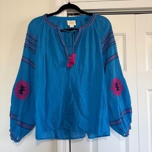 Maeve Teal Blue Long Sleeved Gauze Aztec Blouse Size Small
